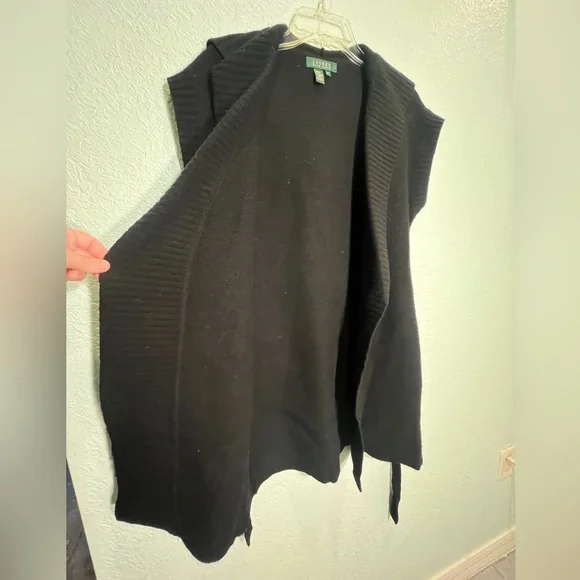 LAUREN RALPH LAUREN Black Knit Short Sleeve Hooded Longline Cardigan Size XS - Picture 12 of 13